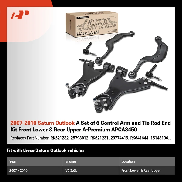 2007-2010 Saturn Outlook A Set of 6 Control Arm and Tie Rod End Kit Front Lower & Rear Upper A-Premium APCA3450