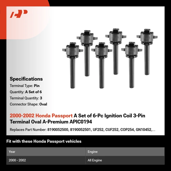 2000-2002 Honda Passport A Set of 6-Pc Ignition Coil 3-Pin Terminal Oval A-Premium APIC0194