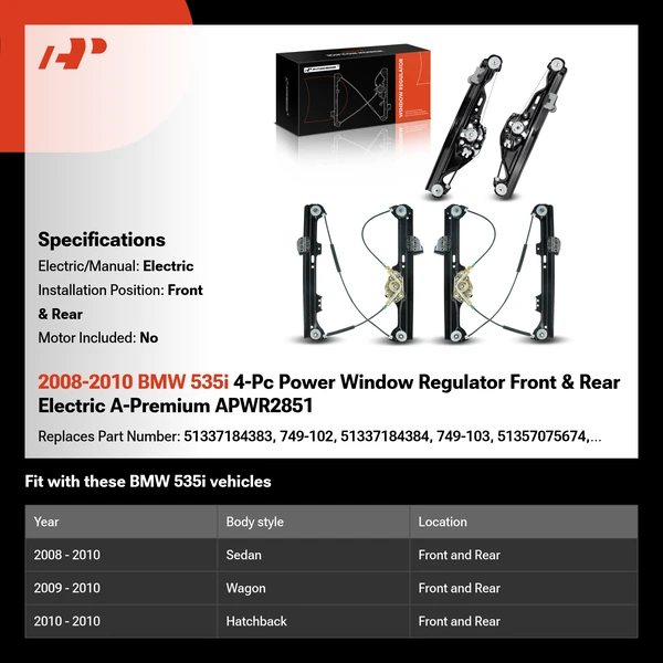 2008-2010 BMW 535i 4-Pc Power Window Regulator Front & Rear Electric A-Premium APWR2851