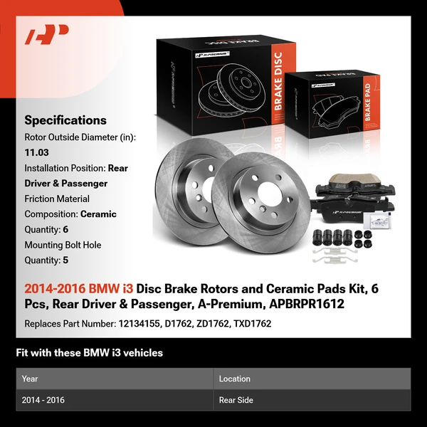 2014-2016 BMW i3 Disc Brake Rotors and Ceramic Pads Kit, 6 Pcs, Rear Driver & Passenger, A-Premium, APBRPR1612