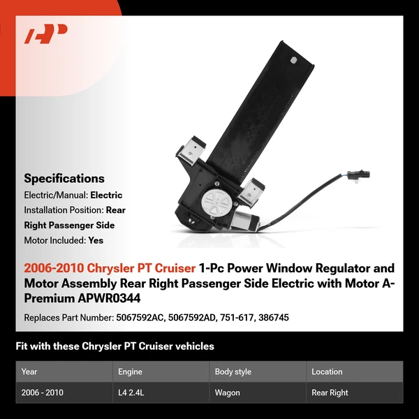 2006-2010 Chrysler PT Cruiser 1-Pc Power Window Regulator and Motor Assembly Rear Right Passenger Side Electric with Motor A-Premium APWR0344