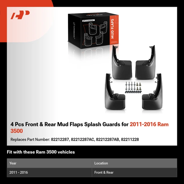 4 Pcs Front & Rear Mud Flaps Splash Guards for 2011-2016 Ram 3500