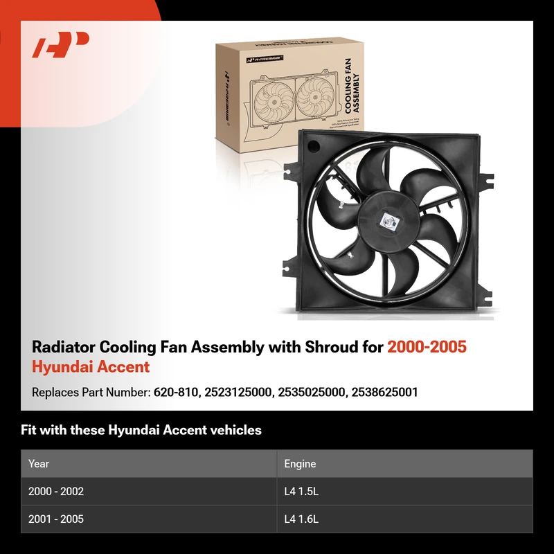 Radiator Cooling Fan Assembly with Shroud for 2000-2005 Hyundai Accent