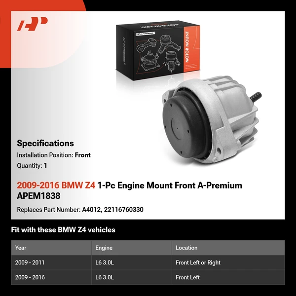2009-2016 BMW Z4 1-Pc Engine Mount Front A-Premium APEM1838