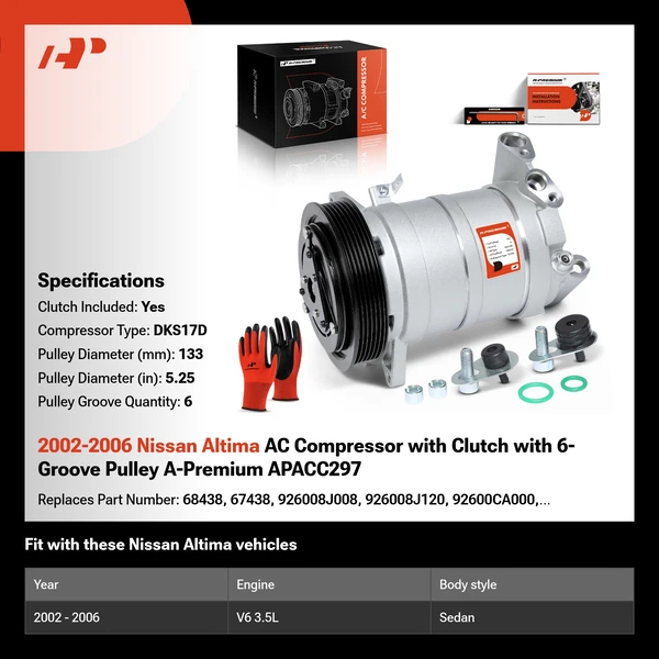 2002-2006 Nissan Altima AC Compressor with Clutch with 6-Groove Pulley A-Premium APACC297