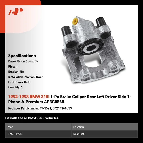 1992-1998 BMW 318i 1-Pc Brake Caliper Rear Left Driver Side 1-Piston A-Premium APBC0865