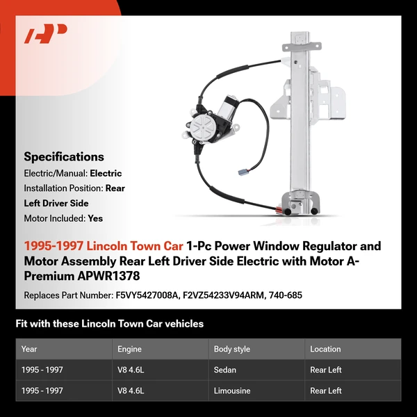 1995-1997 Lincoln Town Car 1-Pc Power Window Regulator and Motor Assembly Rear Left Driver Side Electric with Motor A-Premium APWR1378