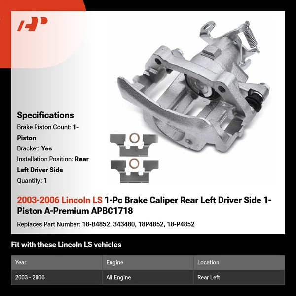 2003-2006 Lincoln LS 1-Pc Brake Caliper Rear Left Driver Side 1-Piston A-Premium APBC1718