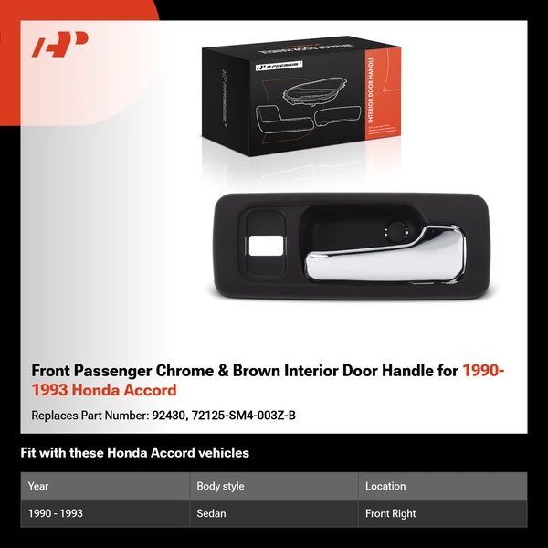 Front Passenger Chrome & Brown Interior Door Handle for 1990-1993 Honda Accord