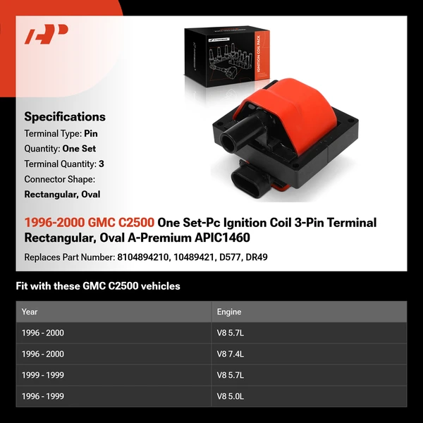 1996-2000 GMC C2500 One Set-Pc Ignition Coil 3-Pin Terminal Rectangular, Oval A-Premium APIC1460