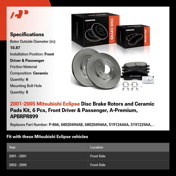 2001-2005 Mitsubishi Eclipse Disc Brake Rotors and Ceramic Pads Kit, 6 Pcs, Front Driver & Passenger, A-Premium, APBRPR899