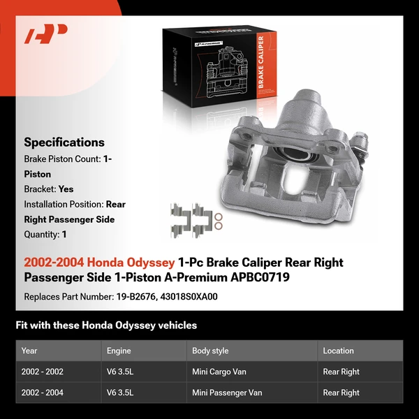 2002-2004 Honda Odyssey 1-Pc Brake Caliper Rear Right Passenger Side 1-Piston A-Premium APBC0719