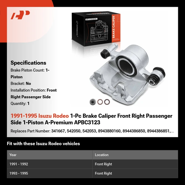 1991-1995 Isuzu Rodeo 1-Pc Brake Caliper Front Right Passenger Side 1-Piston A-Premium APBC3123