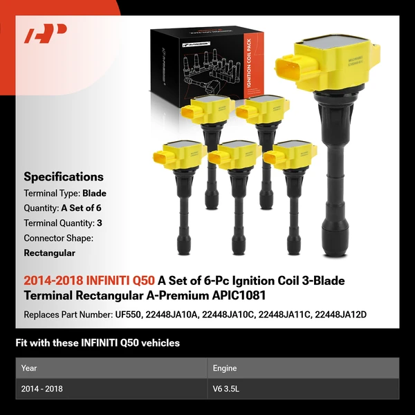 2014-2018 INFINITI Q50 A Set of 6-Pc Ignition Coil 3-Blade Terminal Rectangular A-Premium APIC1081