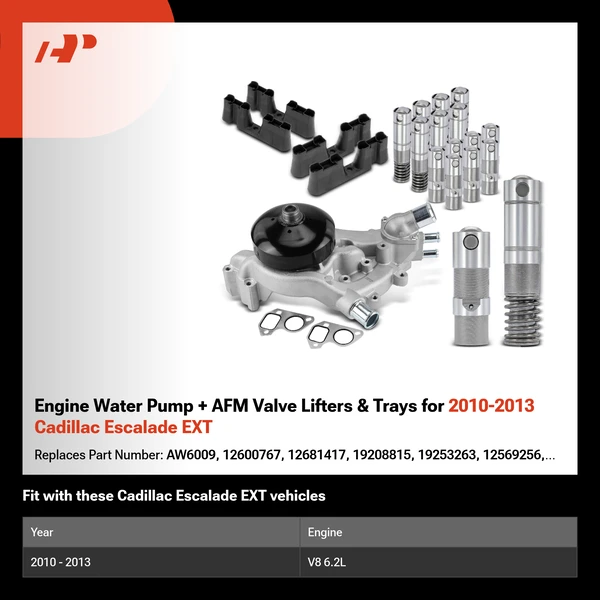 Engine Water Pump + AFM Valve Lifters & Trays for 2010-2013 Cadillac Escalade EXT