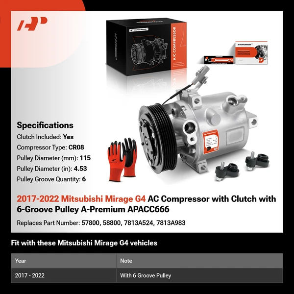 2017-2022 Mitsubishi Mirage G4 AC Compressor with Clutch with 6-Groove Pulley A-Premium APACC666