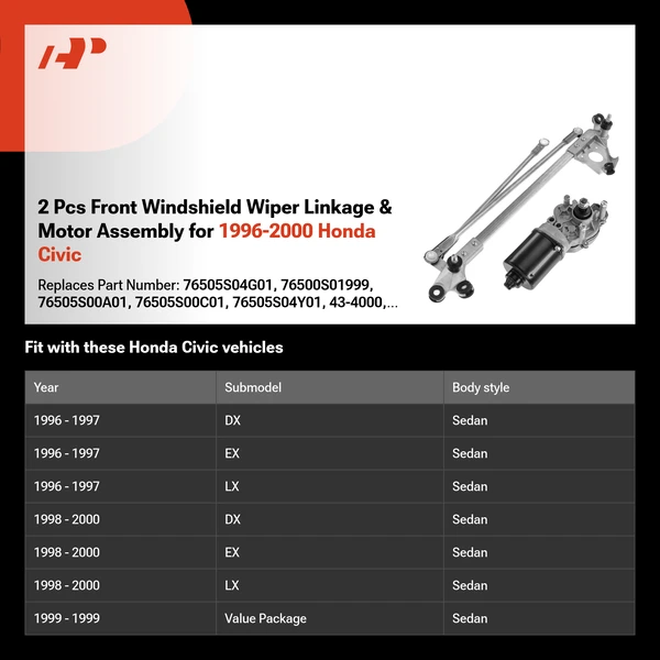 2 Pcs Front Windshield Wiper Linkage & Motor Assembly for 1996-2000 Honda Civic