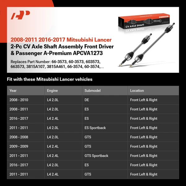 2008-2011 2016-2017 Mitsubishi Lancer 2-Pc CV Axle Shaft Assembly Front Driver & Passenger A-Premium APCVA1273