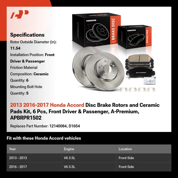 2013 2016-2017 Honda Accord Disc Brake Rotors and Ceramic Pads Kit, 6 Pcs, Front Driver & Passenger, A-Premium, APBRPR1502