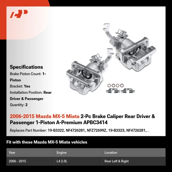 2006-2015 Mazda MX-5 Miata 2-Pc Brake Caliper Rear Driver & Passenger 1-Piston A-Premium APBC3414