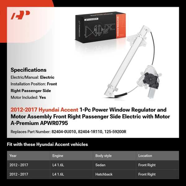 2012-2017 Hyundai Accent 1-Pc Power Window Regulator and Motor Assembly Front Right Passenger Side Electric with Motor A-Premium APWR0795