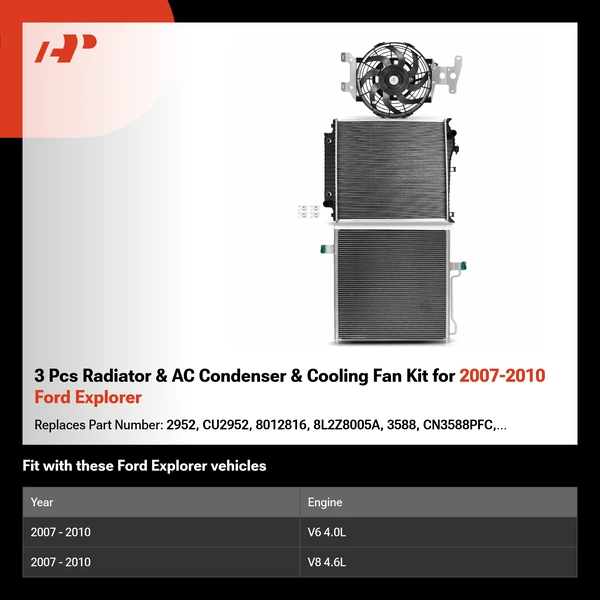 3 Pcs Radiator & AC Condenser & Cooling Fan Kit for 2007-2010 Ford Explorer