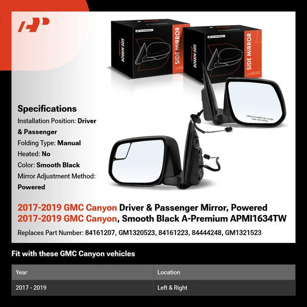 2017-2019 GMC Canyon Driver & Passenger Mirror, Powered 2017-2019 GMC Canyon, Smooth Black A-Premium APMI1634TW