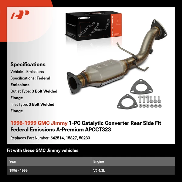 1996-1999 GMC Jimmy 1-PC Catalytic Converter Rear Side Fit Federal Emissions A-Premium APCCT323