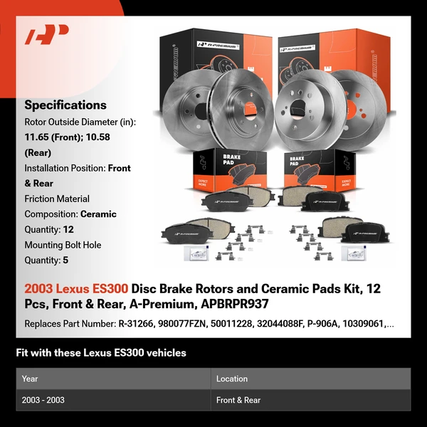 2003 Lexus ES300 Disc Brake Rotors and Ceramic Pads Kit, 12 Pcs, Front & Rear, A-Premium, APBRPR937