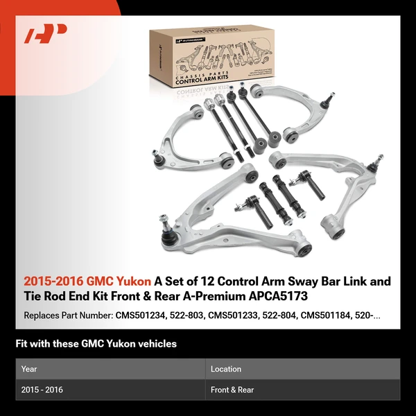 2015-2016 GMC Yukon A Set of 12 Control Arm Sway Bar Link and Tie Rod End Kit Front & Rear A-Premium APCA5173