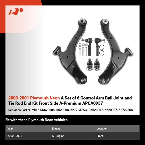 2000-2001 Plymouth Neon A Set of 6 Control Arm Ball Joint and Tie Rod End Kit Front Side A-Premium APCA0937