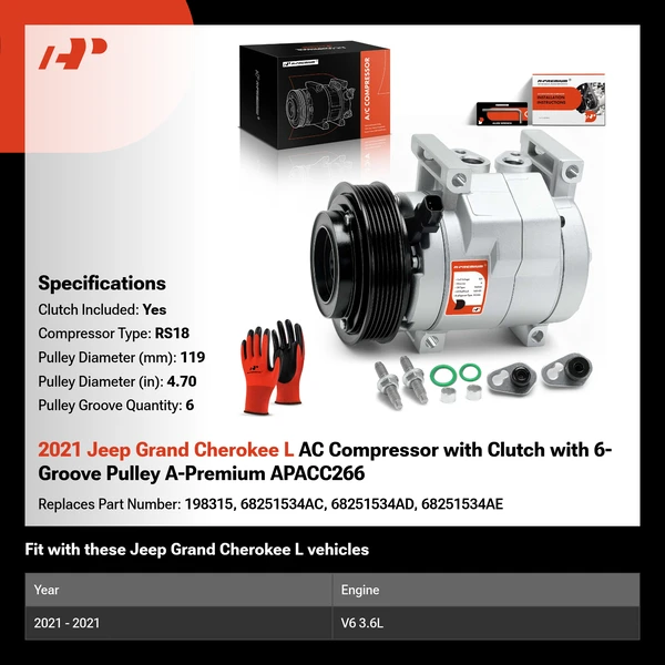 2021 Jeep Grand Cherokee L AC Compressor with Clutch with 6-Groove Pulley A-Premium APACC266
