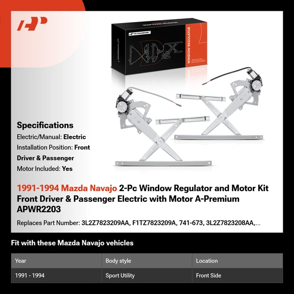 1991-1994 Mazda Navajo 2-Pc Window Regulator and Motor Kit Front Driver & Passenger Electric with Motor A-Premium APWR2203