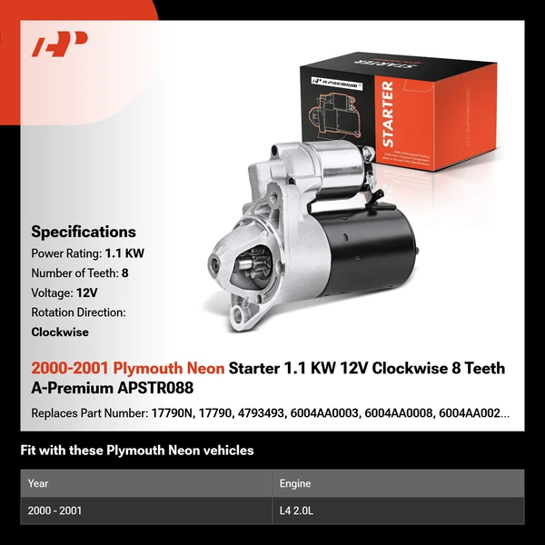 2000-2001 Plymouth Neon Starter 1.1 KW 12V Clockwise 8 Teeth A-Premium APSTR088
