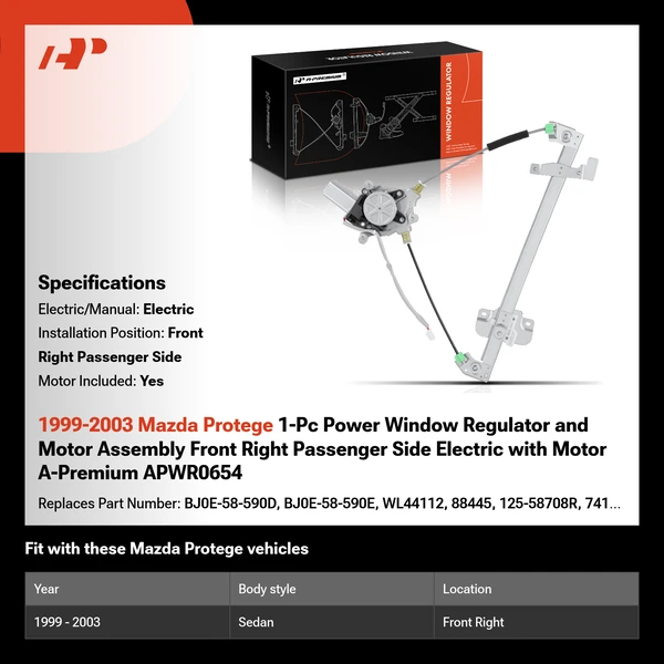 1999-2003 Mazda Protege 1-Pc Power Window Regulator and Motor Assembly Front Right Passenger Side Electric with Motor A-Premium APWR0654