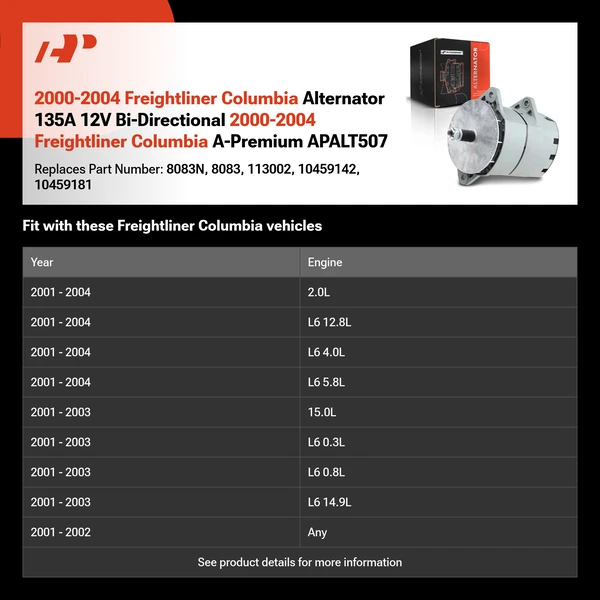 2000-2004 Freightliner Columbia Alternator 135A 12V Bi-Directional 2000-2004 Freightliner Columbia A-Premium APALT507