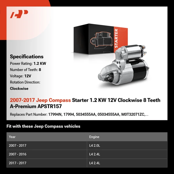 2007-2017 Jeep Compass Starter 1.2 KW 12V Clockwise 8 Teeth A-Premium APSTR157