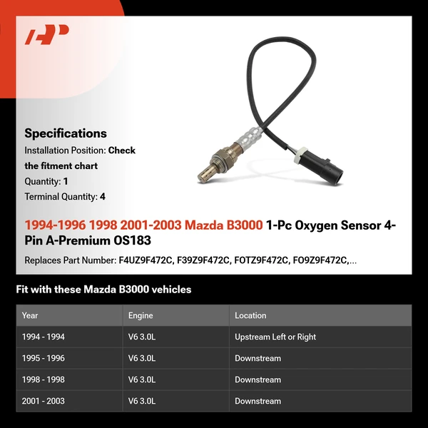 1994-1996 1998 2001-2003 Mazda B3000 1-Pc Oxygen Sensor 4-Pin A-Premium OS183