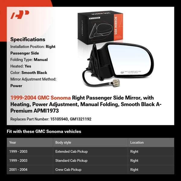 1999-2004 GMC Sonoma Right Passenger Side Mirror, with Heating, Power Adjustment, Manual Folding, Smooth Black A-Premium APMI1973