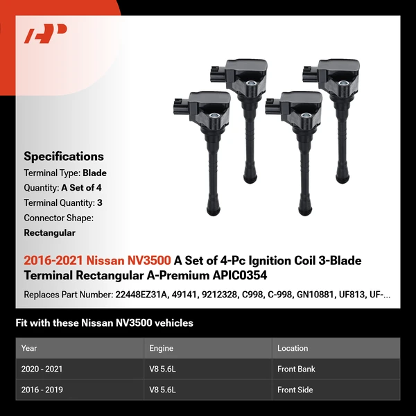 2016-2021 Nissan NV3500 A Set of 4-Pc Ignition Coil 3-Blade Terminal Rectangular A-Premium APIC0354