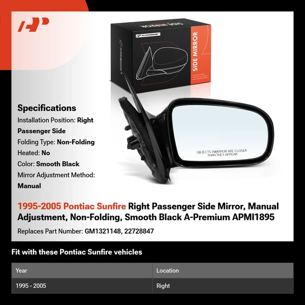1995-2005 Pontiac Sunfire Right Passenger Side Mirror, Manual Adjustment, Non-Folding, Smooth Black A-Premium APMI1895