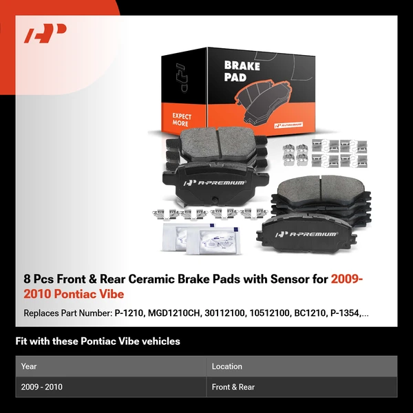 8 Pcs Front & Rear Ceramic Brake Pads with Sensor for 2009-2010 Pontiac Vibe