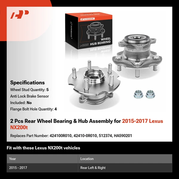 2 Pcs Rear Wheel Bearing & Hub Assembly for 2015-2017 Lexus NX200t