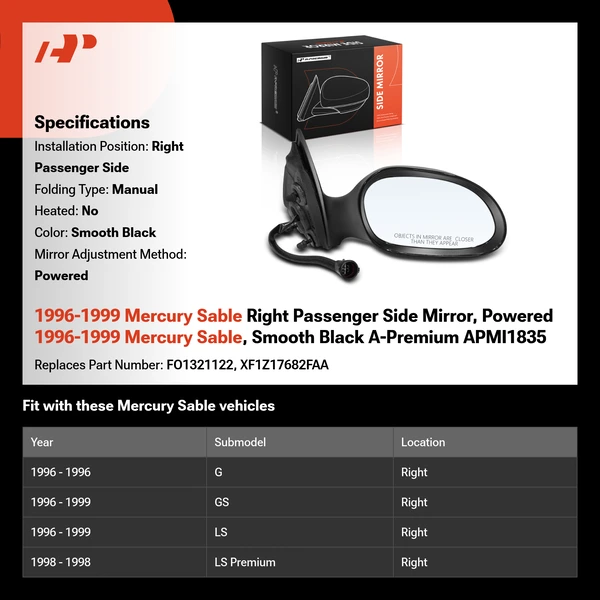 1996-1999 Mercury Sable Right Passenger Side Mirror, Powered 1996-1999 Mercury Sable, Smooth Black A-Premium APMI1835
