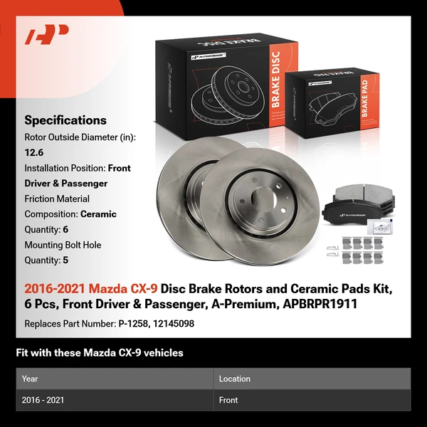 2016-2021 Mazda CX-9 Disc Brake Rotors and Ceramic Pads Kit, 6 Pcs, Front Driver & Passenger, A-Premium, APBRPR1911