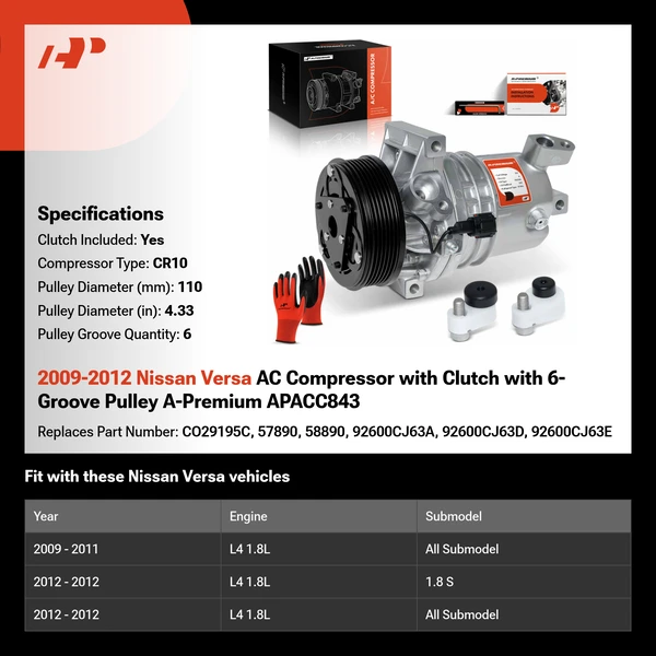 2009-2012 Nissan Versa AC Compressor with Clutch with 6-Groove Pulley A-Premium APACC843