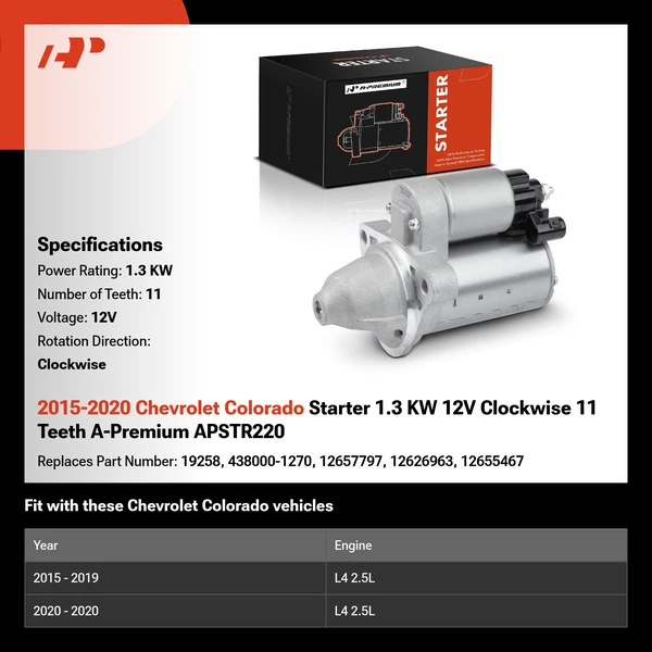 2015-2020 Chevrolet Colorado Starter 1.3 KW 12V Clockwise 11 Teeth A-Premium APSTR220