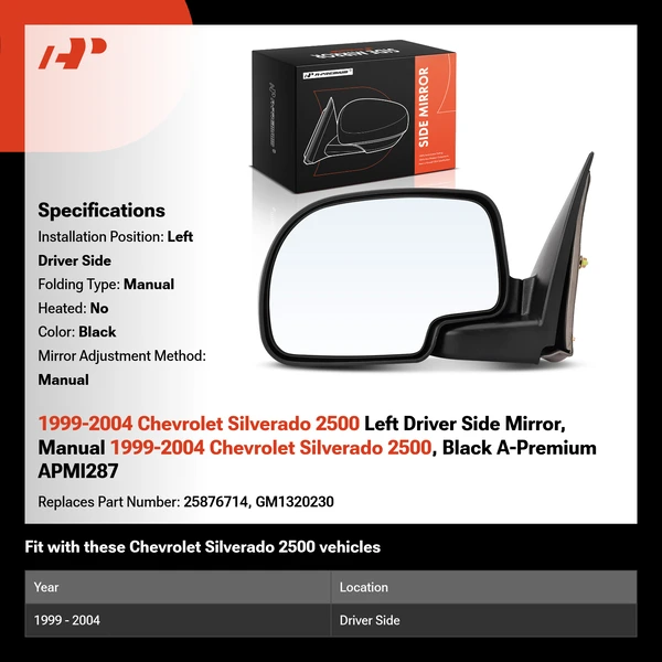 1999-2004 Chevrolet Silverado 2500 Left Driver Side Mirror, Manual 1999-2004 Chevrolet Silverado 2500, Black A-Premium APMI287