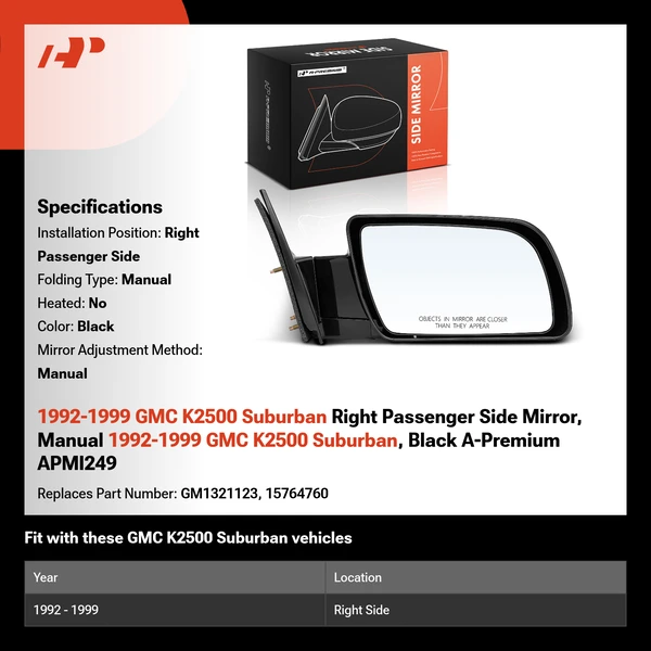 1992-1999 GMC K2500 Suburban Right Passenger Side Mirror, Manual 1992-1999 GMC K2500 Suburban, Black A-Premium APMI249