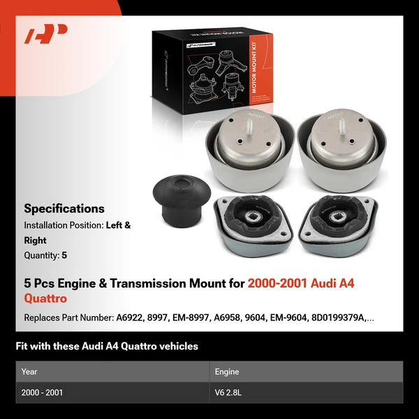 5 Pcs Engine & Transmission Mount for 2000-2001 Audi A4 Quattro